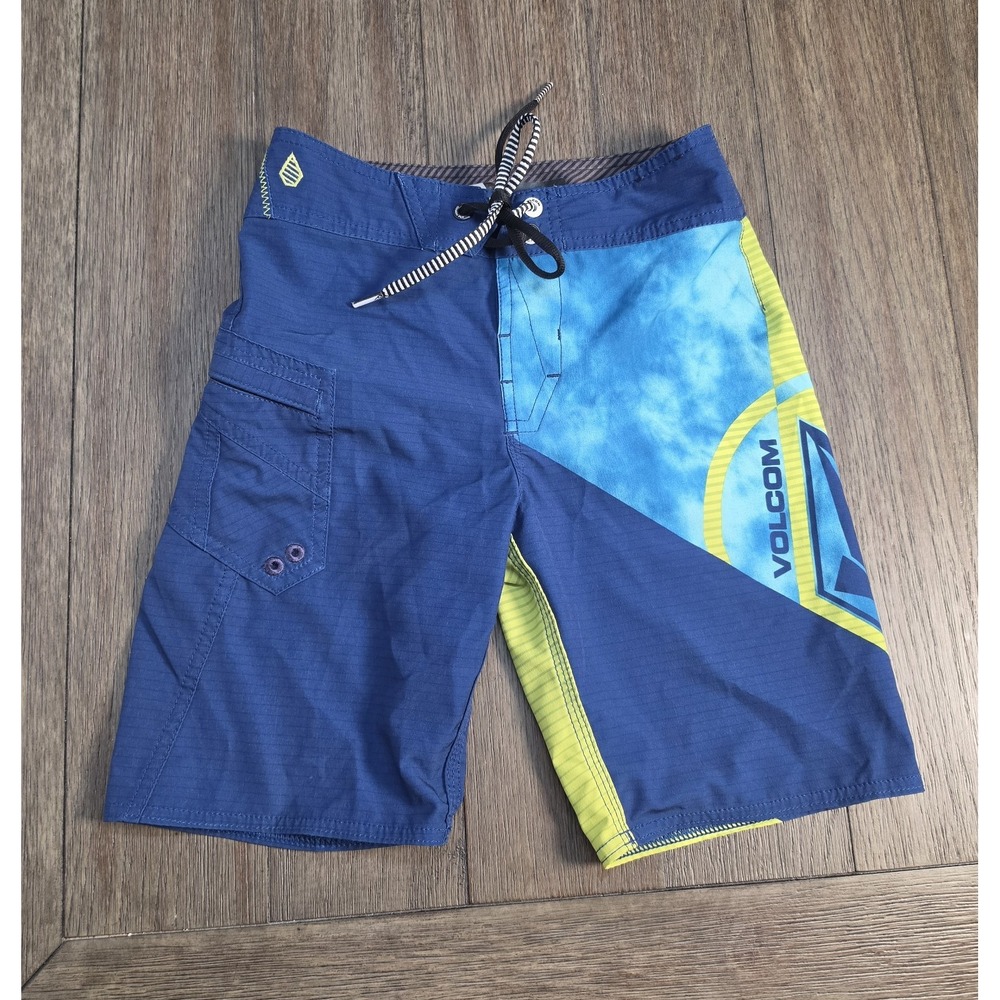 Volcom Mod-Tech Boys Blue Lime Green Tie Dye Board Shorts Swim Trunks Size 23 10